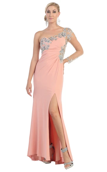 One-Shoulder Jersey Formal Dress with Split Front and Beading Sheath Long Sleeve