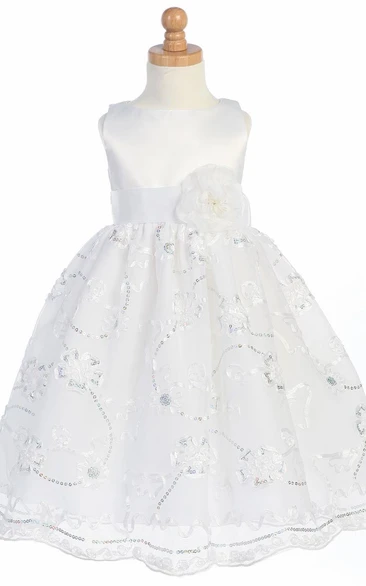 Tulle & Satin Flower Girl Dress with Bow Detail Tea-Length Bridesmaid Dress