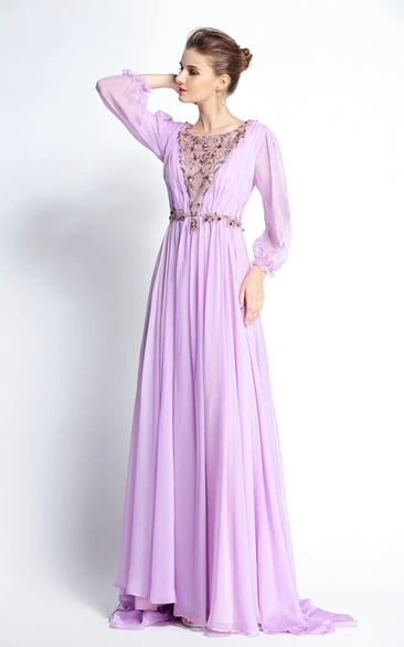 Long Sleeve A-Line Chiffon Prom Dress with Beading and Pleats Floor-length Sweep Brush Train