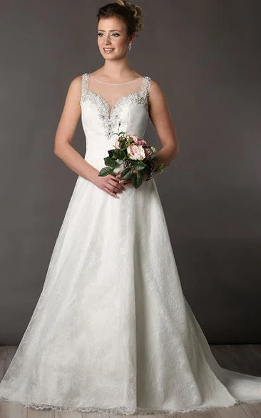 Lace A-Line Wedding Dress with Jewel Neckline and Pearl Detail