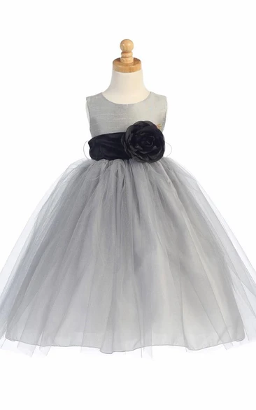 Tiered Tulle Tea-Length Flower Girl Dress with Ribbon