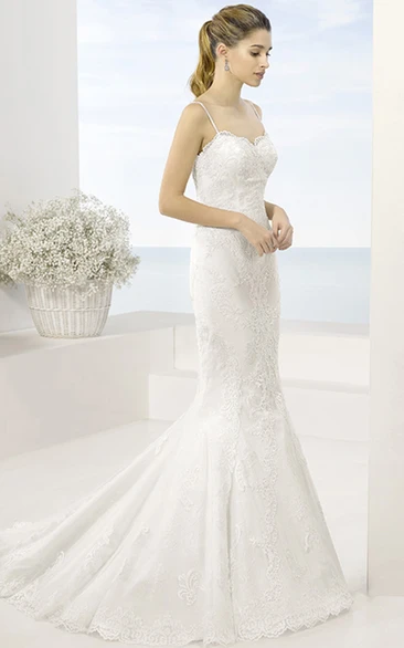 Mermaid Spaghetti Lace Wedding Dress with Court Train and Illusion Back