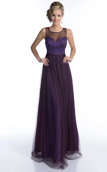 Sleeveless A-Line Tulle Bridesmaid Dress with Illusion Back Square Neckline