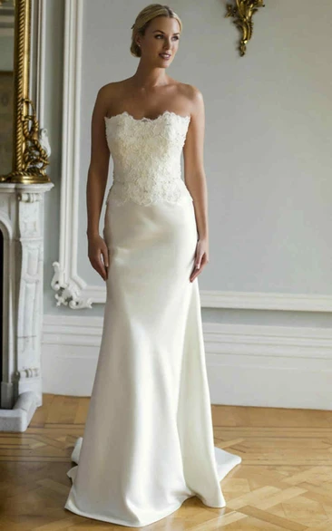 Strapless Satin Wedding Dress with Appliques Sheath Floor-Length