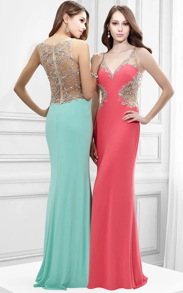 V-Neck Sleeveless Crystal Jersey Sheath Prom Dress in Maxi Length