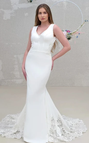 Modern Sleeveless Satin Mermaid Wedding Dress with Keyhole and Court Train