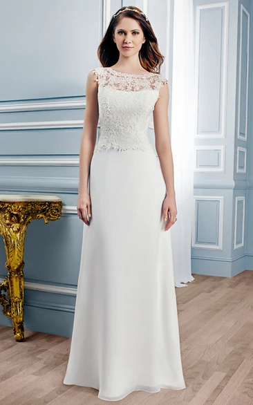 Sleeveless Maxi Appliqued Lace Wedding Dress with Sweep Train Unique Sheath Bridal Gown