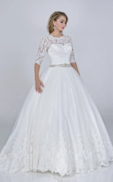 Satin Ball Gown with Crystal Detailed Waist Half Sleeve Lace and Satin