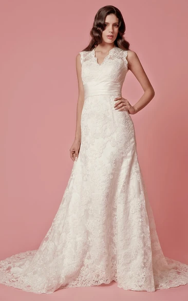 Sleeveless Lace Wedding Dress with A-Line Silhouette and Scalloped Neckline Elegant and Modern