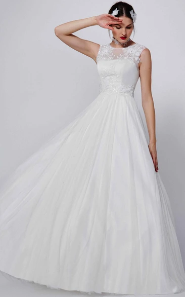 Appliqued Tulle&Satin Sleeveless A-Line Bridesmaid Dress