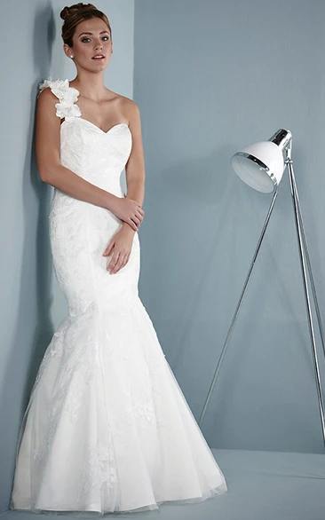 Floral Satin Sheath Wedding Dress with Appliques and Corset Back