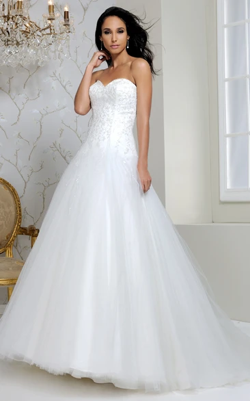 Beaded Tulle Sweetheart Wedding Dress with Chapel Train and Lace-Up