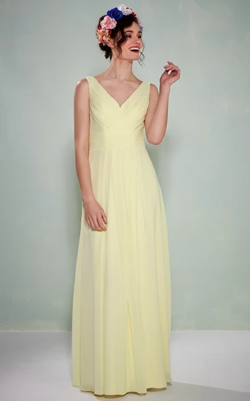 Ruched V-Neck Chiffon Bridesmaid Dress Maxi Women Elegant 2024