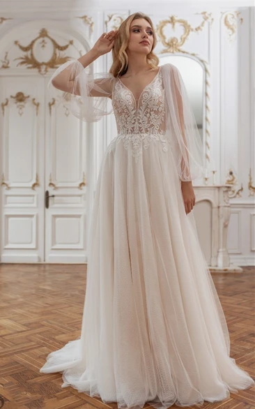 Charming Tulle Plunging Neck Wedding Dress with Appliques and Train A-Line Wedding Dress