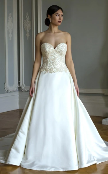 Satin Sweetheart Wedding Dress with Appliques A-Line Long