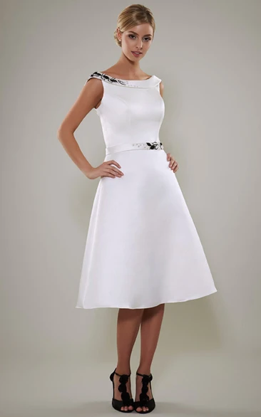 Cap Sleeve Tea-Length A-Line Satin Wedding Dress with Beaded Bateau Neck