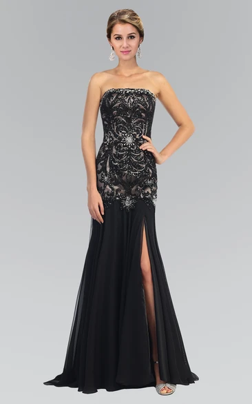 Strapless Chiffon Sheath Dress with Beading and Split Front