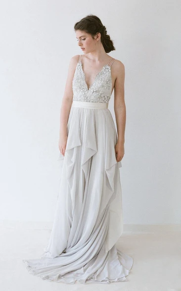 Double Strap A-Line Chiffon Wedding Dress Romantic Bridal Gown