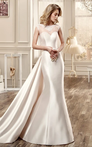 Satin Large Back Bow Illusive Back Sweetheart Cap-Sleeve Wedding Dress Elegant