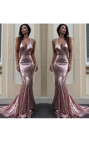 Sequin Mermaid Formal Dress with Sweep Train and Spaghetti Straps