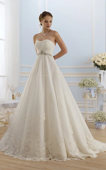 Strapless Lace Ball Gown with Corset Back and Waist Jewelry