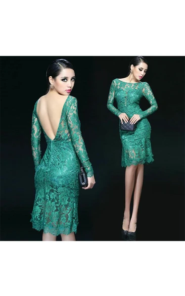 Beautiful Lace Applique Knee-Length Formal Dress with Full Sleeves and Backless Design