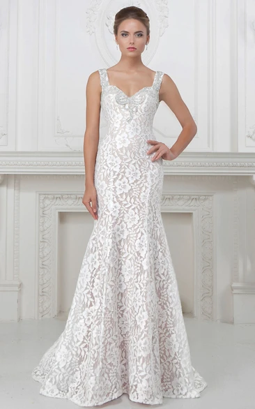 Sleeveless V-Neck Beaded Lace&Satin Sheath Wedding Dress Elegant Bridal Gown