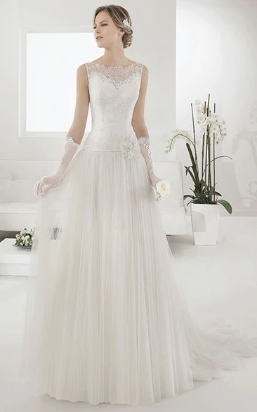 Drop Waist A-line Bridal Gown with Pleats and Waist Flower