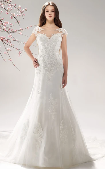 Mermaid Wedding Dress with Cap Sleeves Appliques and Keyhole Back