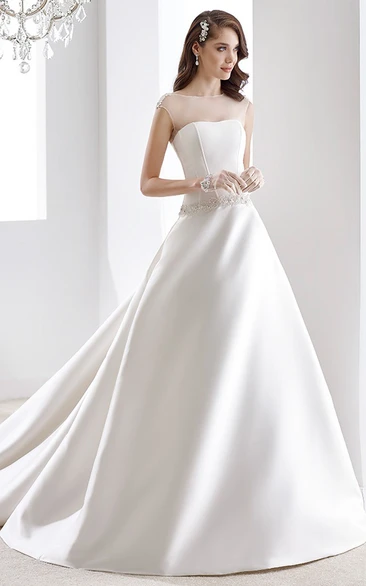 Illusion Satin A-line Wedding Dress with Beaded Belt and Keyhole Back Elegant Bridal Gown