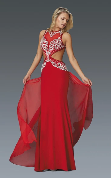 Sleeveless Jersey Backless Sheath Formal Dress with Jewel-Neck and Beading
