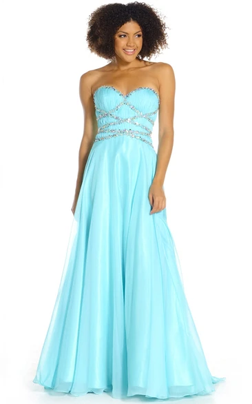 Sweetheart A-Line Beaded Tulle&Satin Prom Dress with Ruching Long