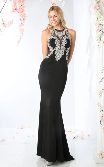 Sleeveless Sheath Jersey Illusion Formal Dress with Jewel-Neck and Beading