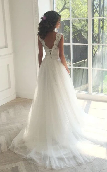 Jewel Neck Lace A-Line Wedding Dress with Corset Back and Low-V Back