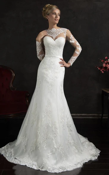 Lace A-Line Court Train Wedding Dress with Bell Sleeves and Keyhole Back