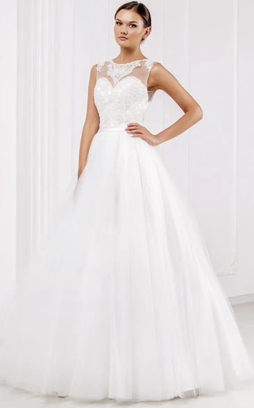 Scoop Appliqued A-Line Wedding Dress with Illusion Back Sleeveless