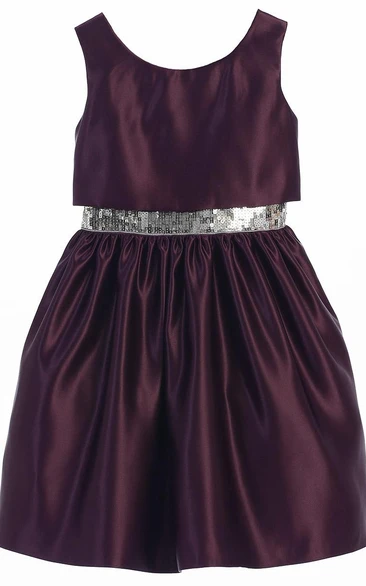 Sleeveless Satin Flower Girl Dress with Sequins Tea-Length