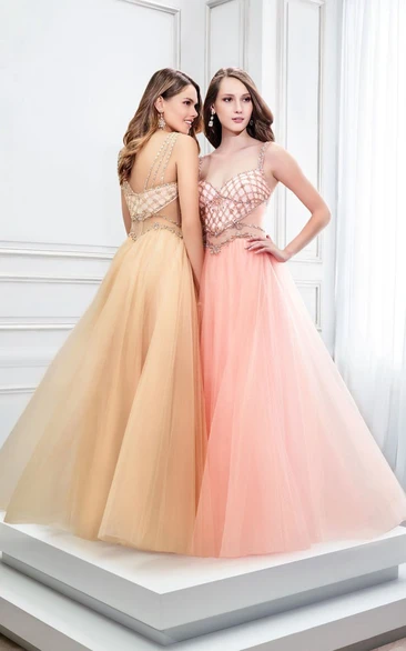 A-Line Tulle Prom Dress with Beaded Straps and Low-V Back