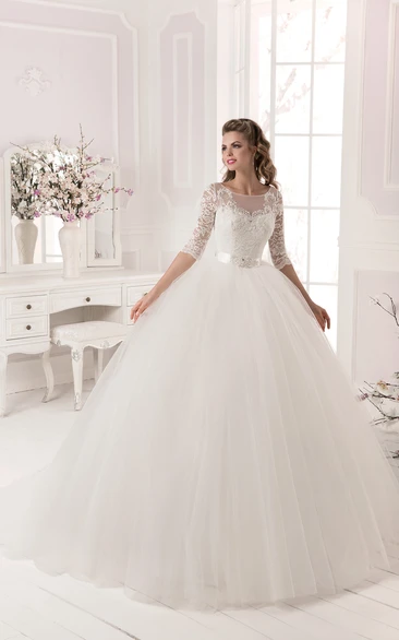 Crystal Detailing Ball Gown Wedding Dress with Lace and Tulle