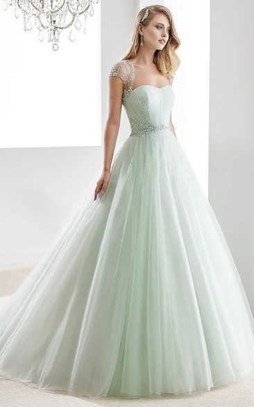 A-Line Bridal Gown with Pleated Bodice Beaded & Illusive Design