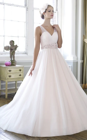 Floral Tulle V-Neck Wedding Dress with Court Train Elegant Maxi Bridal Gown