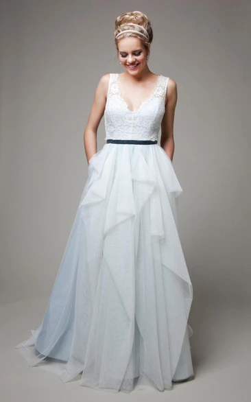 Ruffled Tulle Low-V Back Wedding Dress with Sash