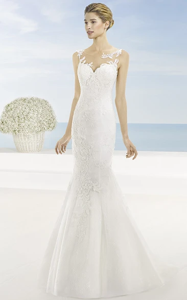 Trumpet Appliqued Sleeveless Lace Wedding Dress with Court Train and Illusion Back Modern Bridal Gown