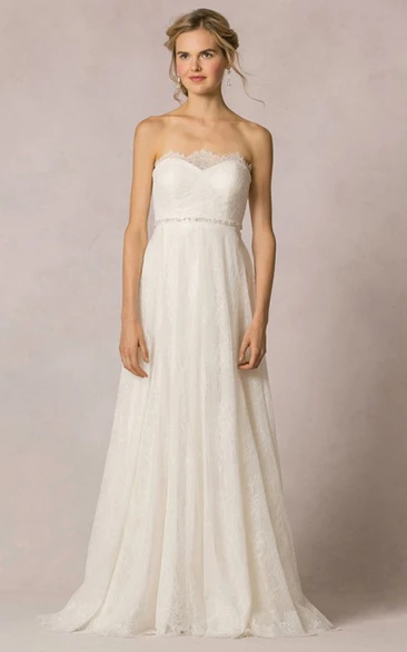 Floor-Length Strapless Lace A-Line Wedding Dress with Jeweled Details