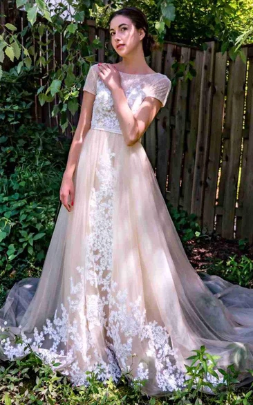 Unique Short Tulle and Lace Bridesmaid Dress with Chapel Train