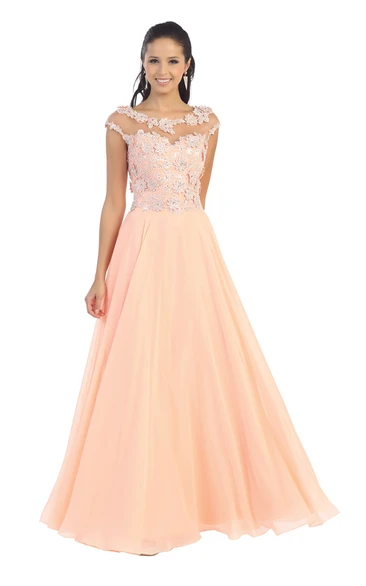 Chiffon Illusion Applique A-Line Bridesmaid Dress