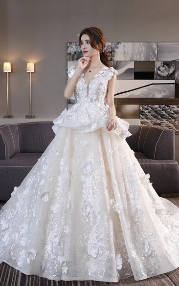 Princess Cap Sleeve Lace Wedding Dress with 3D Floral Appliques and Peplum Skirt