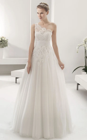 Empire Lace Single Strap Tulle Gown with Bandage Unique Bridesmaid Dress