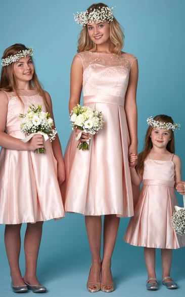 Sleeveless A-Line Satin Bridesmaid Dress with Tea-Length and Appliques