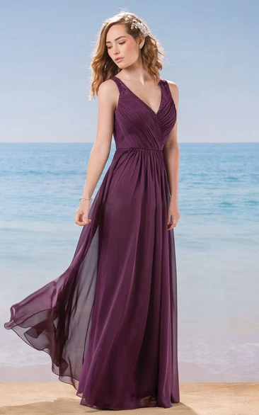 Long Chiffon Bridesmaid Dress with V-Neck and Lace Back Elegant Bridesmaid Dress